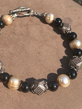 Sterling silver Bali bracelet 7.5 inch 925 Onyx pearls beaded